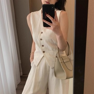 Bộ vest vải lanh không tay, cao cấp, phong cách mùa hè trẻ trung năng động cho Nữ