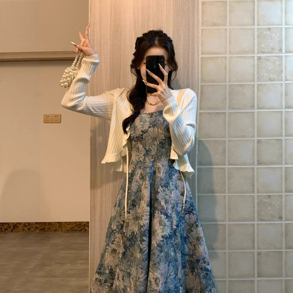 [Hàng có sẵn] Đầm nữ chất lượng cao Váy treo hoa cổ điển kiểu Pháp dành cho nữ Xuân hè thu đông eo mới Skinny và ngọt ngào