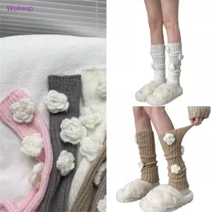 Tất bắp chân nữ len 3D sườn đan co giãn, giữấm với họa tiết hoa
