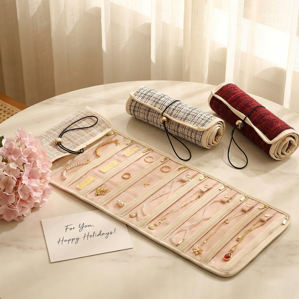 CASEGRACE Du Lịch Trang Sức Tổ Chức Cuộn Có Thể Gập Lại Hộp Đựng Trang Sức Bông Tai Vòng Cổ Vòng Tay Túi Bảo Quản Hộp