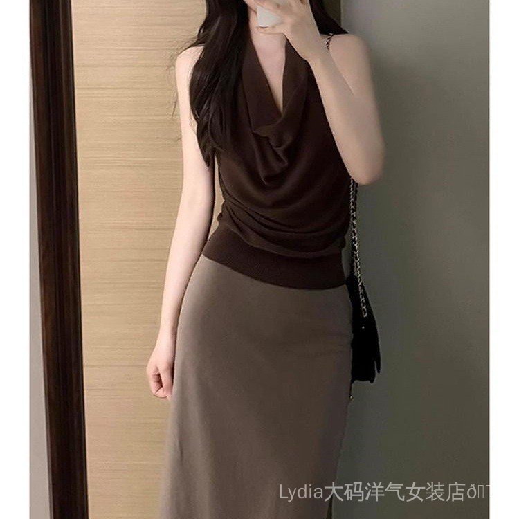 Khuyến mãi 10%, Áo thun nữ Hàn Quốc màu café, chất liệu dệt kim, form slim-fit
