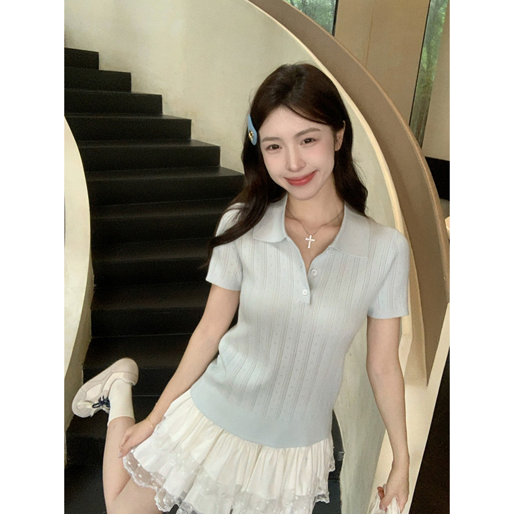 SUXI Áo thun ngắn tay cổ Polo dệt kim nhẹ nhàng dành cho nữ 260410