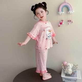 Bộ đồ ngủ cho bé gái – Cotton mềm mỏng, thoáng khí, Kitty dễ thương, áo ngắn + quần lửng bèo