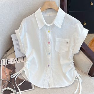 Plus Size Áo Sơ Mi Nữ Sọc Tay Ngắn Nữ Mùa Hè 2025 Phiên Bản Hàn Quốc Thiết Kế Rời Thường Ngày Phù Hợp Với Dây Rút Ngắn Top Tay Ngắn Plus Size Quần Áo Nữ
