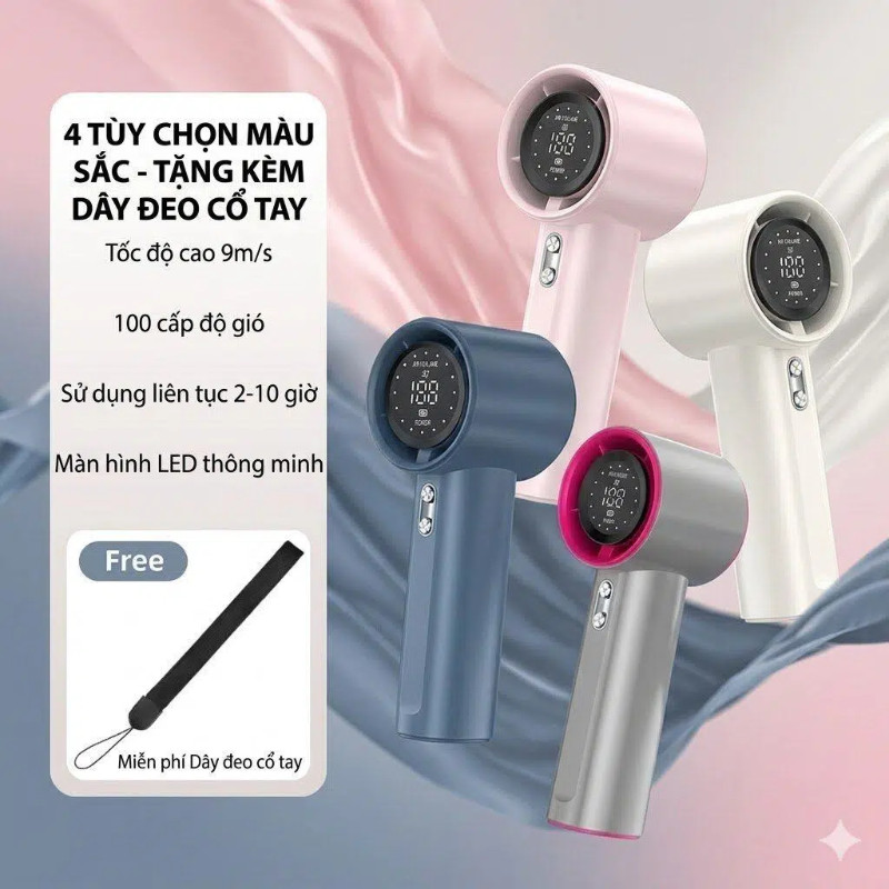 Quạt Cầm Tay Mini Turbo 100 Cấp Gió Mạnh - Pin 4000mAh Màn Hình LED Sạc Type-C Tặng Dây Đeo Du Lịch