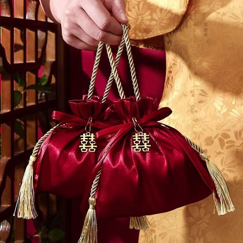 Túi Lụa Đỏ dây rút, Bộ 10 cái,16x17cm,đa dạng mẫu mã, phù hợp lễ cưới. Túi đựng kẹo quà, satin nhung