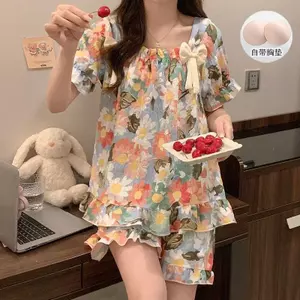 Váy Ngủ Nữ Bộ Đồ Ngủ Tay Ngắn Có Miếng Lót Ngực Mỏng Dễ Thương Hoa Rời Có Thể Mặc Bên Ngoài Mùa Hè Homewear