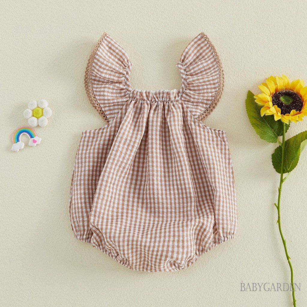 Bé Gái Kẻ Sọc Bong Bóng Romper Bay Tay Cổ Vuông Gingham Quần Áo Mùa Hè Dễ Thương