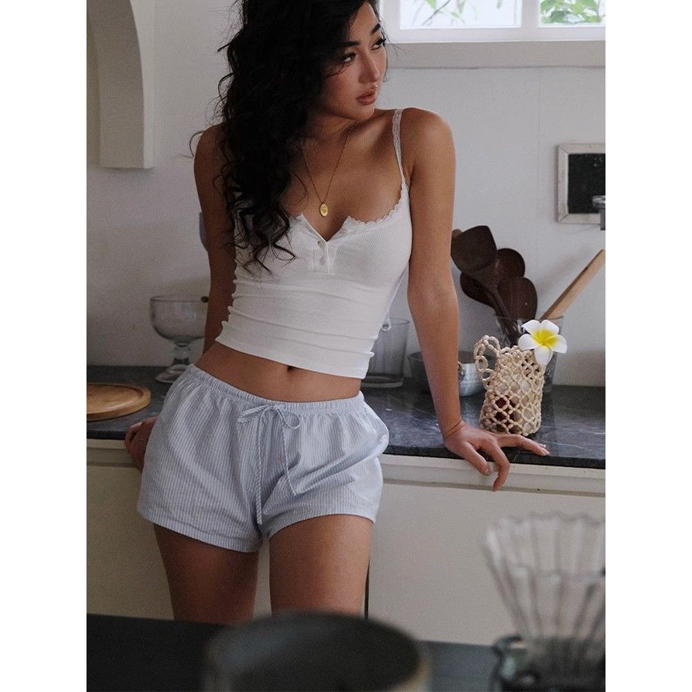 Milyfashion mùa hè mới nới lỏng eo dây rút quần short rộng chân thoải mái quần nhà