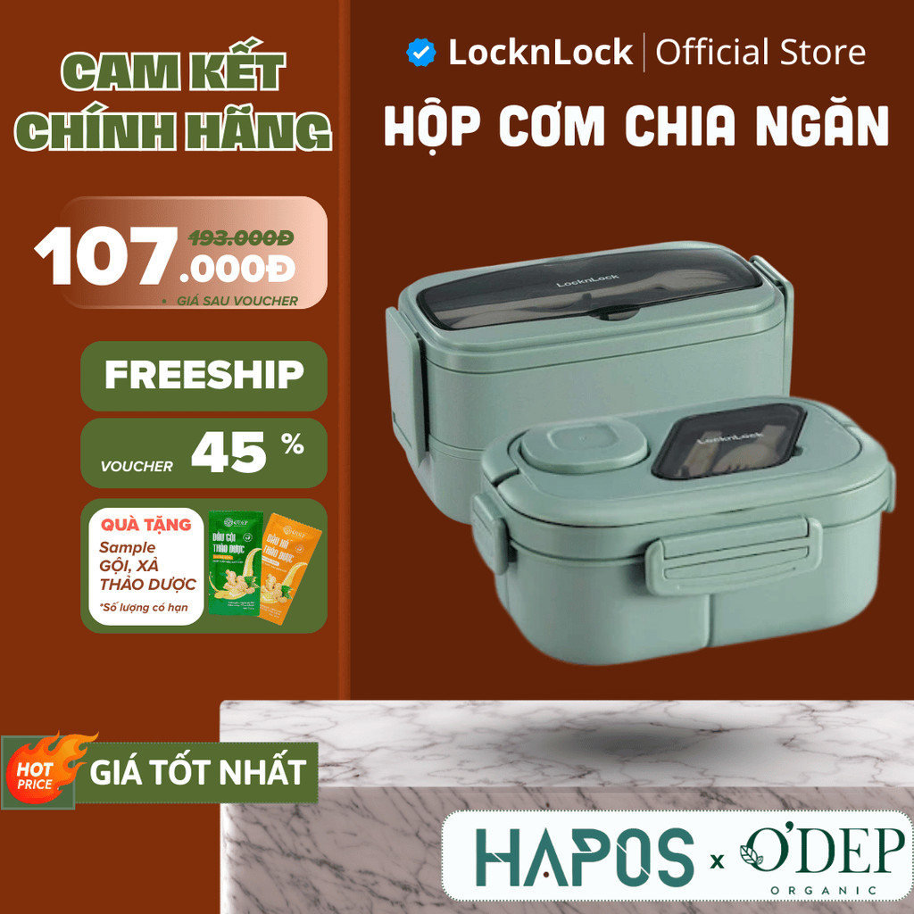 Hộp cơm LocknLock 1.2L chia 3 ngăn kèm hộp nước chấm và thìa dùng được ...