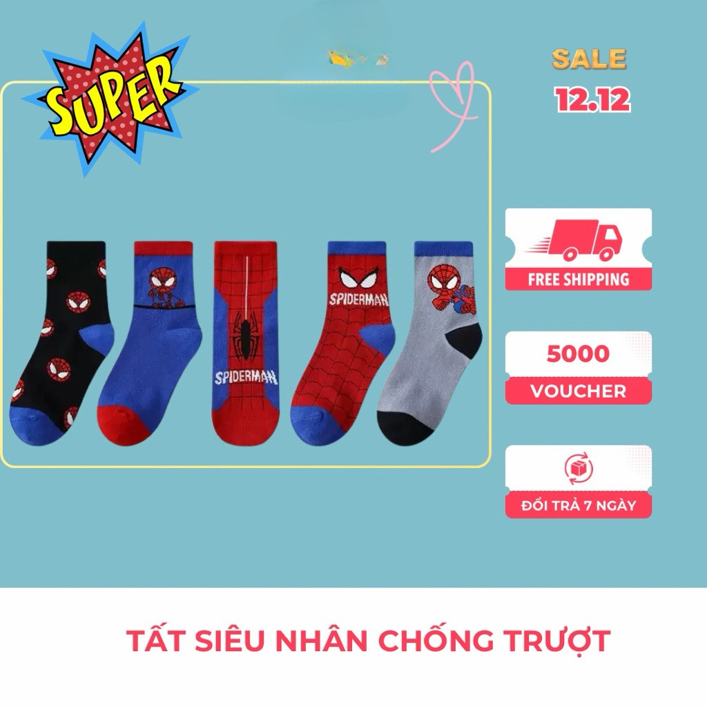tất cho bé trai .TẤT siêu nhân người nhện cotton CHỐNG TRƯỢT cho bé 1–12 tuổi