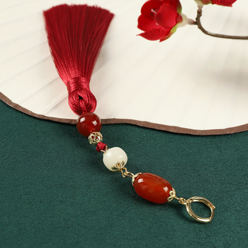 Bông Tai Tua Rua Mã Não Retro, Phong Cách Hanfu, Sản Phẩm Cao Cấp