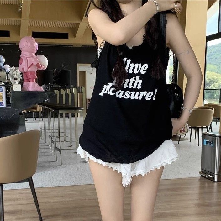 Milyfashion Kích Thước Lớn Rời Ôm Hơn Nhìn Phù Hợp Với Chữ U In Hình Cổ Chữ U Nguyên Chất Desire Không Tay Ren Khâu Sling Top