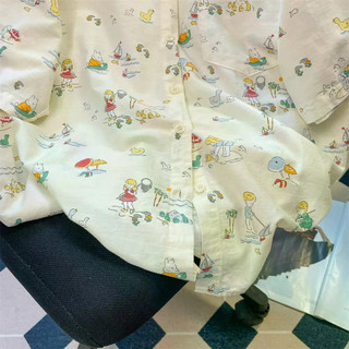 Áo sơ mi tay ngắn họa tiết hoạt hình xinh xắn, phong cách preppy phù hợp cả mùa hè và mùa thu