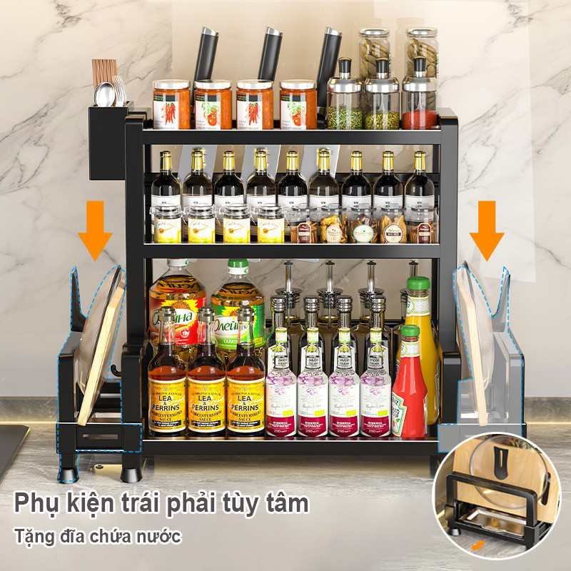 Giá Đựng Gia Vị Kệ Bếp 3 Tầng Đa Năng Inox Kèm Ống Đũa Kệ Để Dao Thớt Móc Treo Khay Hứng Nước Cho Nhà Bếp