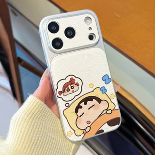 Ốp điện thoại ngủ cặp đôi Crayon Shin-chan Nene cho iPhone 17 / 16 / Pro / 15Plus / 14 / 13 / 12 / 11 / Kết cấu da phủ kim loại Vỏ bảo vệ chống sốc và chống rơi