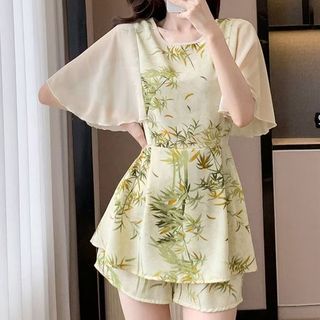 Bộ đồ nữ kiểu Trung Quốc, in họa tiết, phong cách thường ngày, mẫu mới mùa hè, áo voan che bụng và quần short hai mảnh