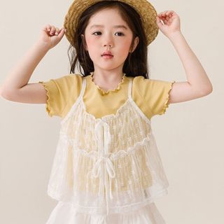 Áo thun cho bé gái phối ren giả 2 lớp – áo tay ngắn dễ thương phong cách Hàn mặc hè
