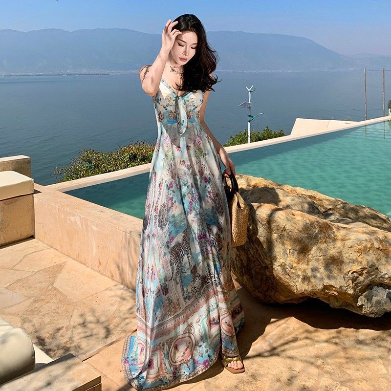 Đầm boho cổ chữ V sling, váy dài sang trọng cho ngày lễ mùa hè
