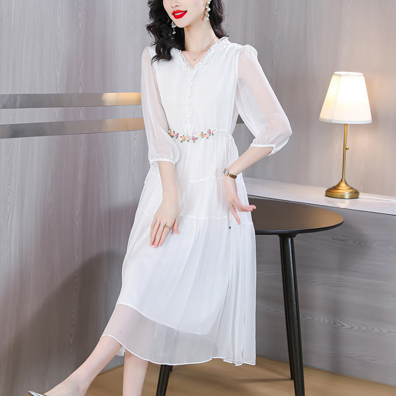 Đầm nữ cỡ lớn với thiết kế ôm eo thời trang, cổ áo xếp ly, tay áo ba phần tư, phong cách mùa hè mới,đầm dài vừa