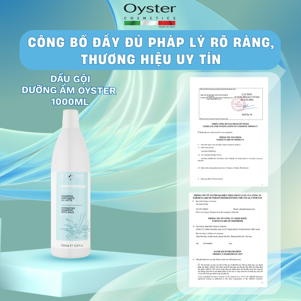 Bộ Dầu Gội + Kem Ủ OYSTER Hydrating With Milk 1000ML Chính Hãng Ý | Phục Hồi Tóc Khô Xơ, Dưỡng Ẩm