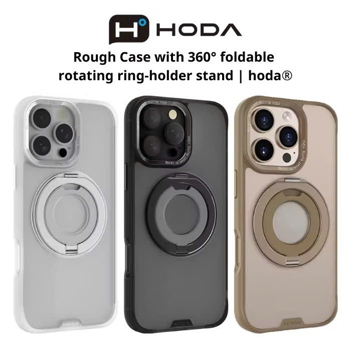[Chính Hãng] Ốp Lưng Nhám Hoda Rough Case 360° Ring-Holder Cho IP 16/17 Series - Chống Sốc SGS, Sạc Từ Tính, Có Kệ Đỡ