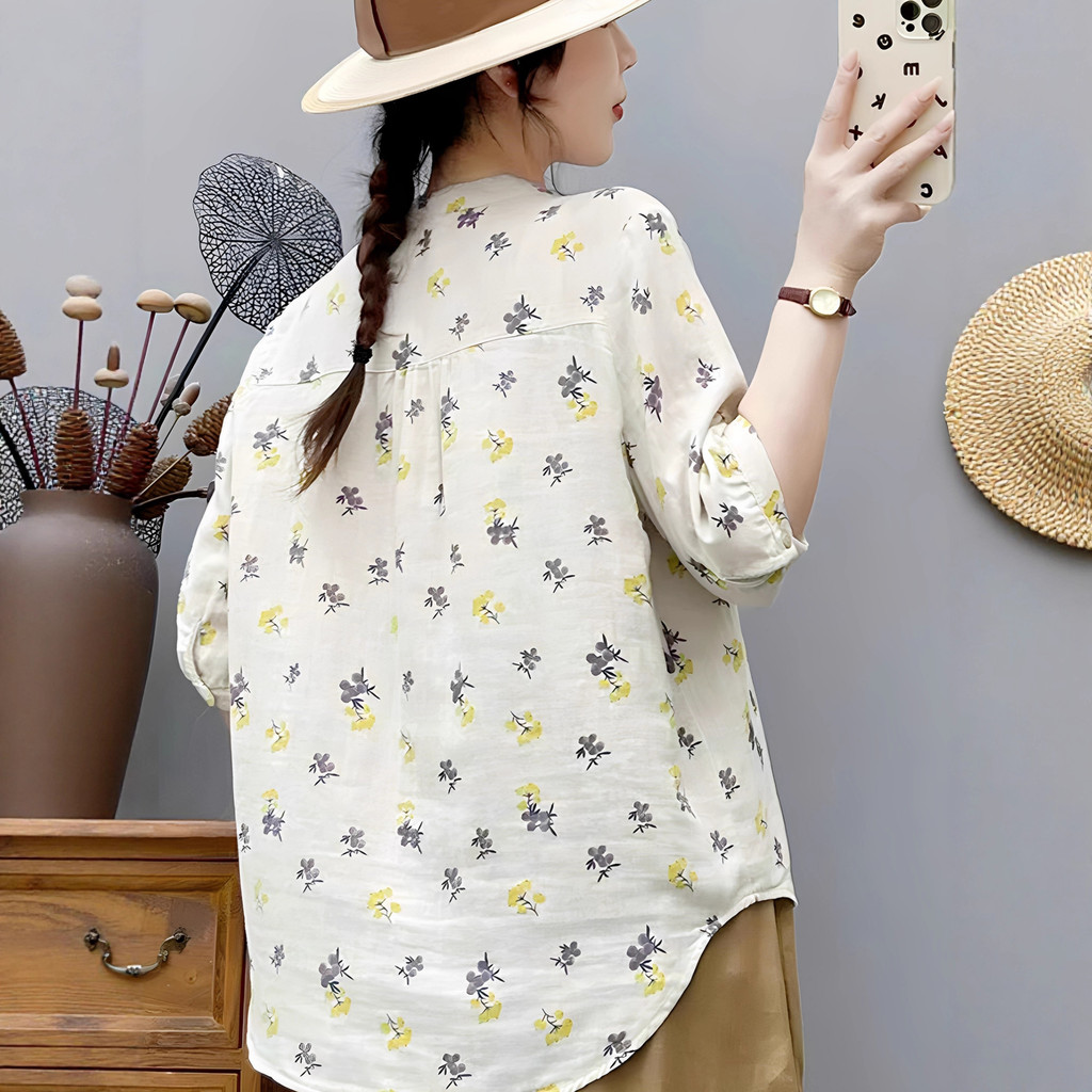 <![CDATA[Áo sơ mi nữ 100% cotton cổ chữ V, tay vừa, họa tiết mùa hè]]>