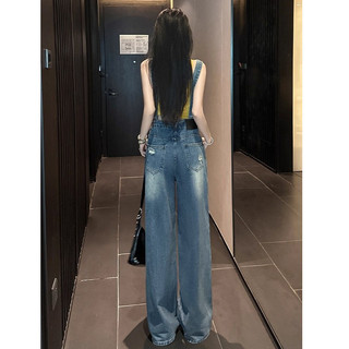 Quần yếm denim Nữ phong cách retro Mỹ trẻ trung, thiết kế mới mùa hè, quần rộng ống rộng thoải mái