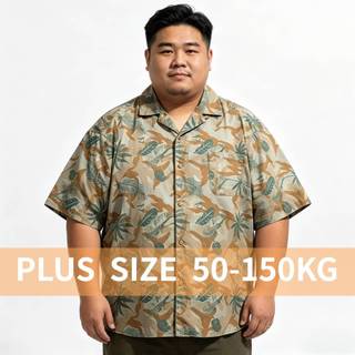 Áo sơ mi nam plus size băng lụa tay ngắn họa tiết hoa lá Hawaii, phù hợp đi biển