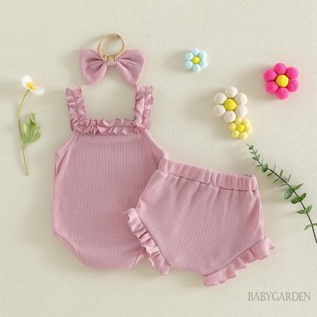 Bộ áo liền quần thêu chữ không tay cho bé gái mùa hè + quần short + băng đô