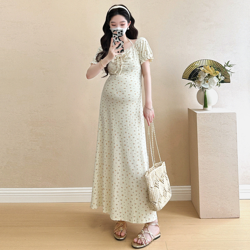 Váy bà bầu mùa hè từ cotton nguyên chất có họa tiết hoa, phiên bản Hàn Quốc