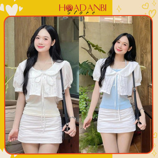 Set áo croptop 2 lớp dáng babydoll tay phồng tiểu thư cổ sen thắt nơ dễ thương Hàn Quốc