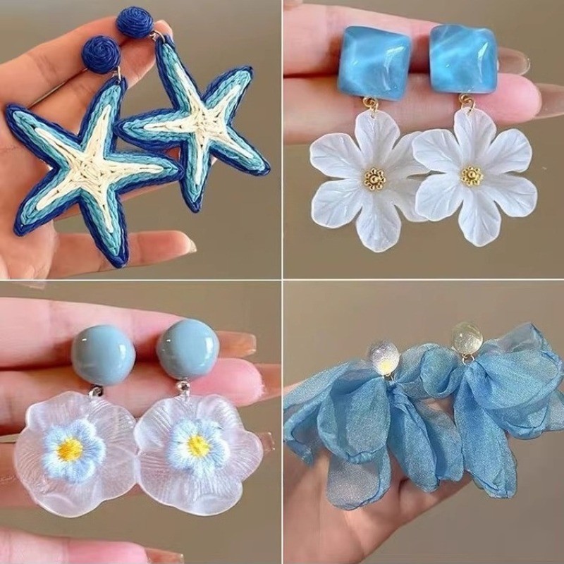 Bông tai hình sao biển màu xanh, phong cách Pháp hiện đại