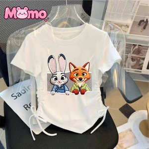 Zootopia hoạt hình giả thêu in họa tiết dây rút thiết kế giản dị cổ tròn ngắn tay