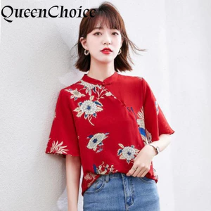 Áo sơ mi nữ voan ngắn tay in màu đỏ CNY Nữ thường ngày Sườn xám Áo sơ mi hàng đầu