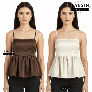 Cami Top nữ vải satin mịn, dây điều chỉnh, lưng mở và chi tiết ruffle peplum thanh lịch cho mùa hè