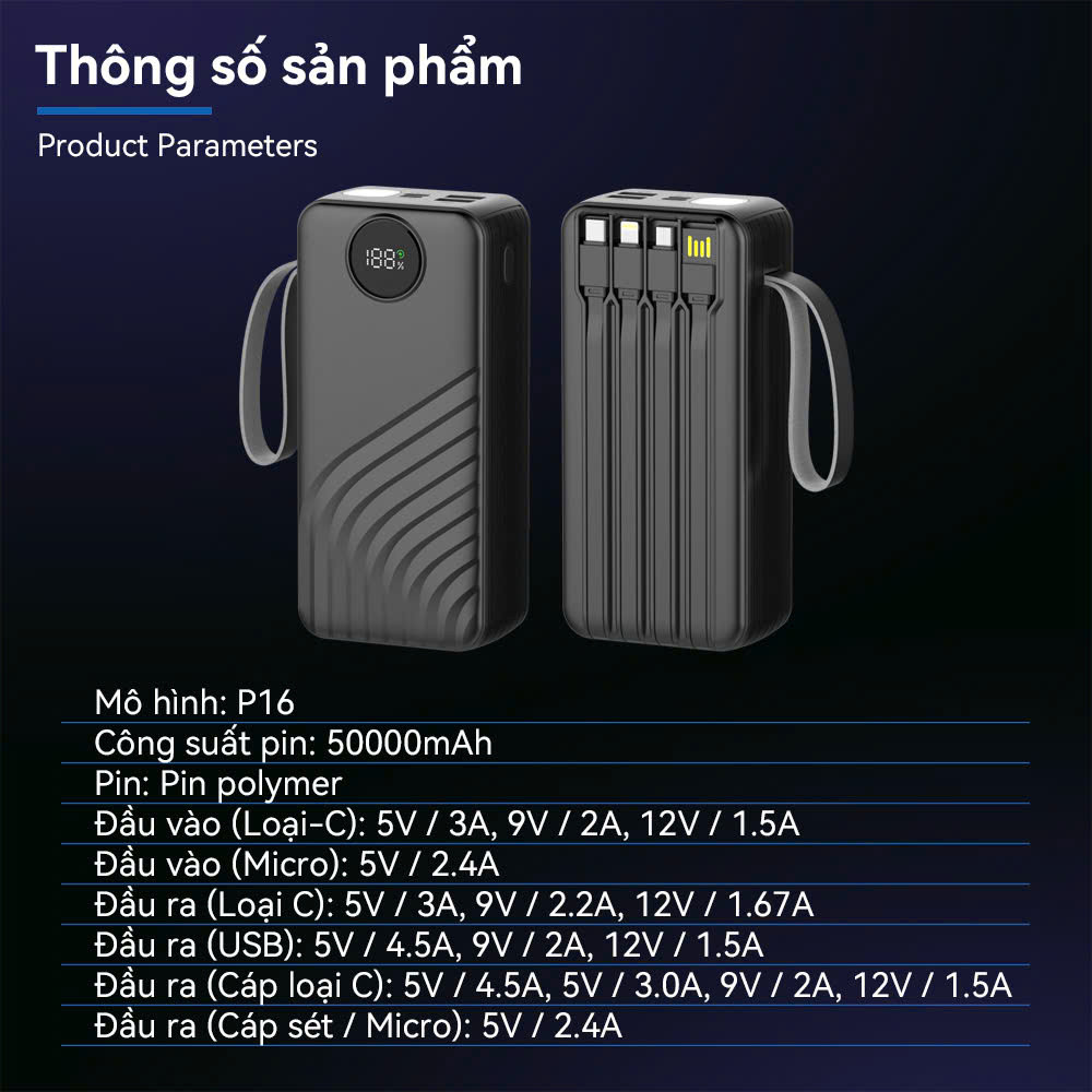 Sạc Dự Phòng 50000mAh Sạc Nhanh PD20W/22.5W Chứng Nhận 3C Nhiều Cổng Sạc Dây Tích Hợp Màn Hình LED Đèn Pin Chiếu Sáng