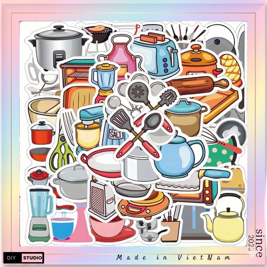 100 sticker dụng cụ nấu ăn trang trí đồ chơi cho bé sticker dán mũ bảo hiểm, điện thoại, notebook , laptop, vali sổ tay
