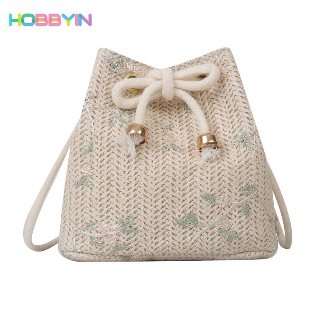 Túi đeo vai HOBBYIN, Túi xách nhỏ có dây rút dung tích lớn, Túi xô đi biển mùa hè bằng rơm dệt thời trang