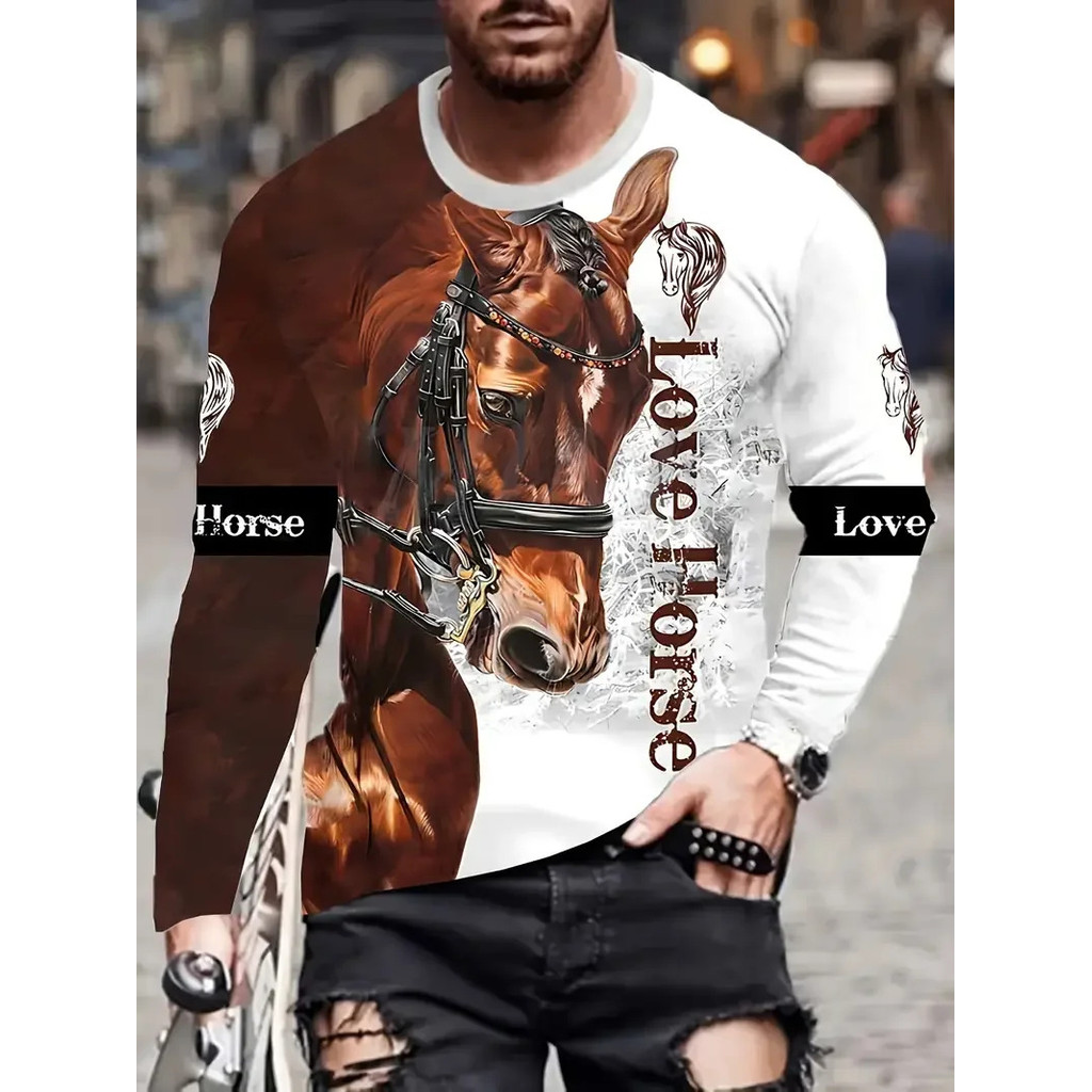 Mẫu mới áo thun unisex họa tiết động vật ngựa cá tính, cổ tròn tay dài, thời trang thoải mái
