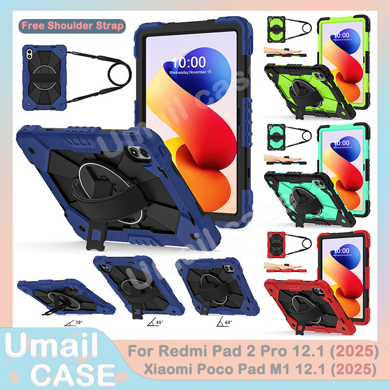 Ốp Chống Sốc Chắc Chắn Cho Redmi Pad 2 Pro 2025 5G Xiaomi Poco Pad M1 12.1inch 360° Hộp đựng máy tính bảng dây đeo tay xoay