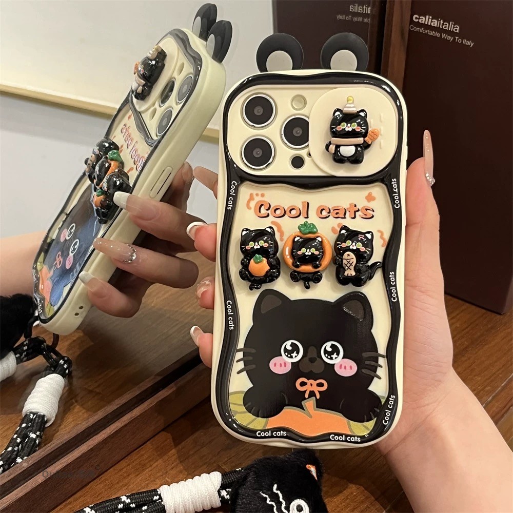 Ốp điện thoại cửa sổ trượt dây buộc mèo màu cam 3D cho iPhone 17 Pro Max 16 Plus 15 14 13 12 11 Vỏ bảo vệ chống sốc