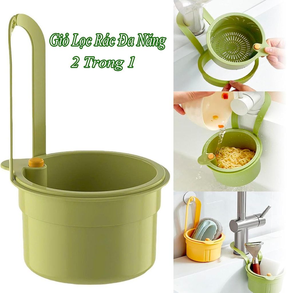 [2 Trong 1] Giỏ Treo Bồn Rửa Chén Đa Năng Có Lỗ Thoát Nước, Rổ Lọc Rác Tích Hợp Nút Nhấn Đổ Thức Ăn Thừa Tiện Lợi