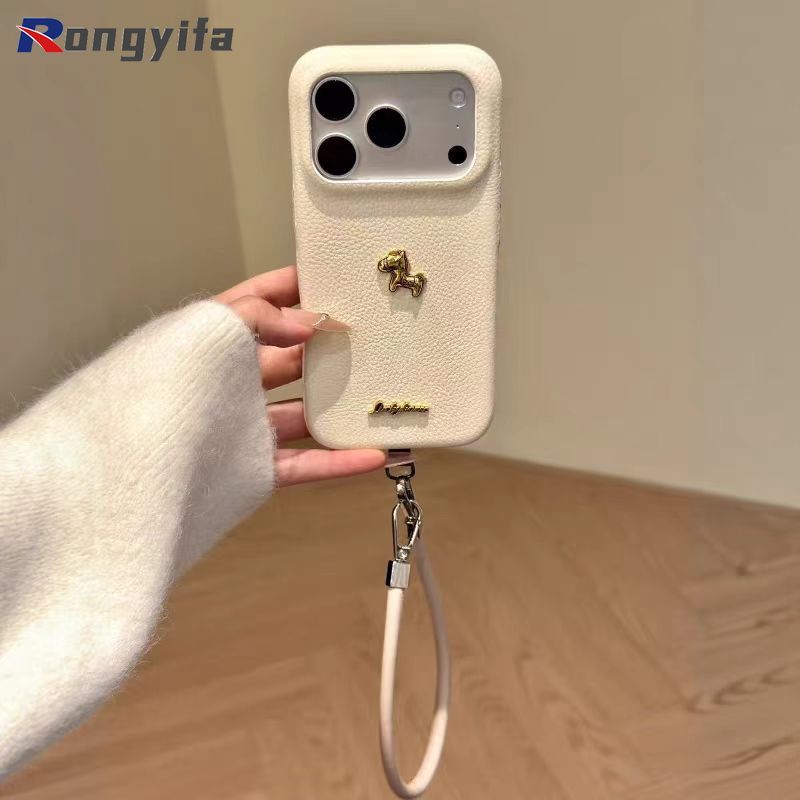Ốp Điện Thoại Năm Mới Pony Dễ Thương Cho iPhone 17 Pro Max Air 16E 16 15 Plus Pro Max 17ProMax 16ProMax Bao Da Hoạt Hình Ngựa Da PU Chống Sốc Vỏ Mềm Có Dây Buộc Ngắn