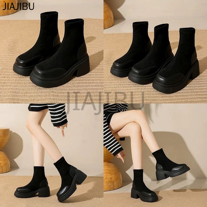 Size 35-43 Giày Bốt Chelsea Kiểu Anh Cổ Điển, Mũi Tròn, Đế Dày, Chống Trượt, Màu Đen, Kiểu Dáng Slip-on. Giày Nữ Cỡ Lớn Chất Lượng Cao Theo Phong Cách Nhật Bản Cổ Điển Korean Fashion Casual Platform Cotton-padded Winter Boots Giày Bốt Mô Tô Kiểu Pháp 42