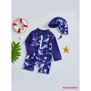 MG-Toddler Baby Rash Guard Đồ bơi Dễ thương In hình cá mập Dây kéo Bộ đồ tắm dài tay có mũ bơi