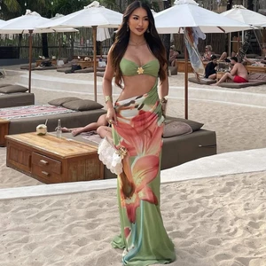 Cutenew Flora In Backless Đầm ôm Dây Đeo Kim Loại Đính Ren Không Đều Eo Đi Biển Kỳ Nghỉ Gợi Cảm Slim Bodycon