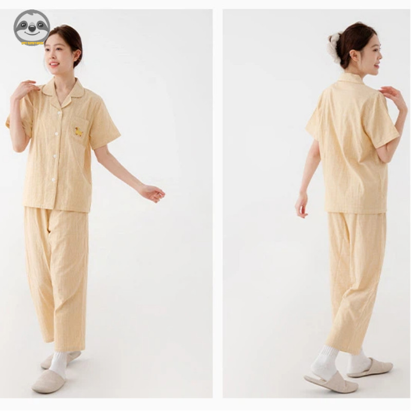 Bộ đồ ngủ sọc cotton nguyên chất hai lớp, quần short ngắn tay, mềm mại thoải mái, mặc ngoài hoặc ở nhà