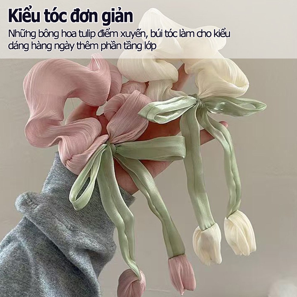 Hoa Tulip Scrunchies Dây Buộc Tóc Cho Nữ Cô Gái Satin Tóc Dây Cao Su Đàn Organ Phụ Kiện Tóc Hàn Quốc Có Treo