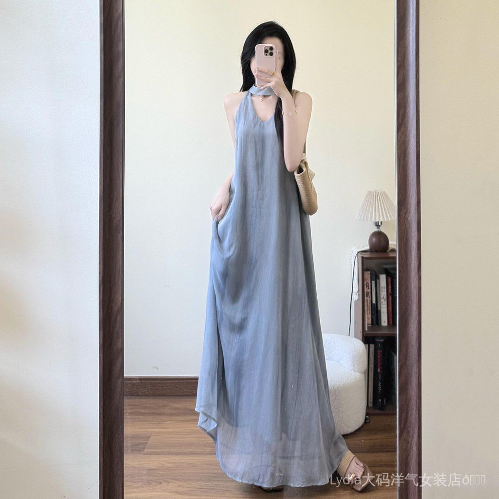 Váy dài nữ màu xanh không tay, phù hợp đi biển mùa hè - Giảm giá 10%